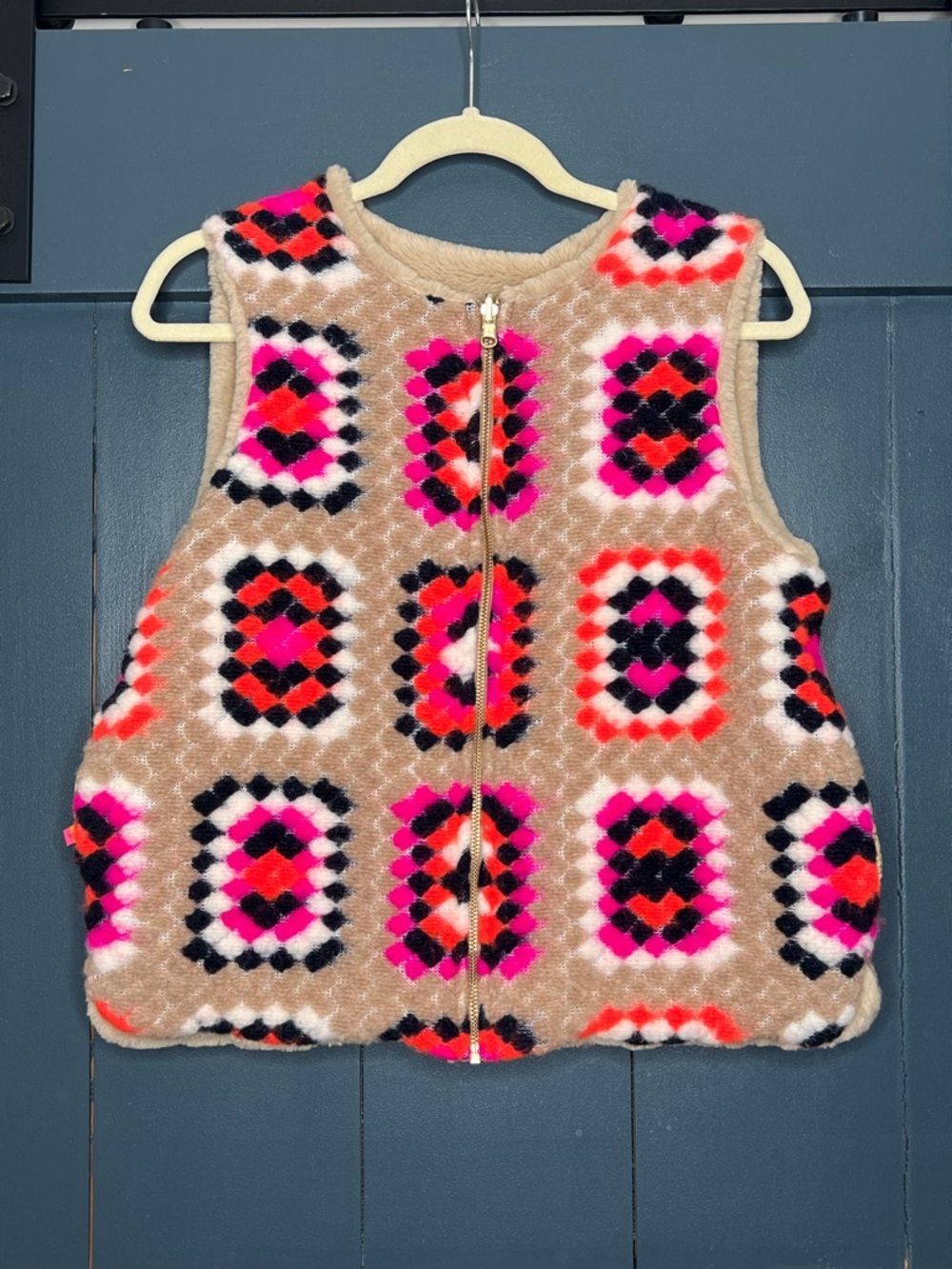 Vilagallo Beige Fuzzy Vest with Pink & Orange Accents